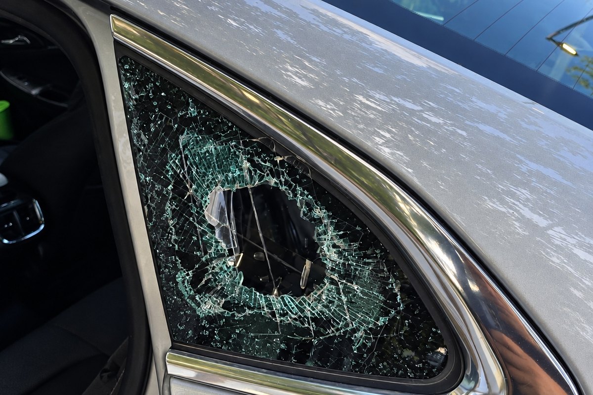 Silver car rear quarter window shattered into a web of cracks around a large hole