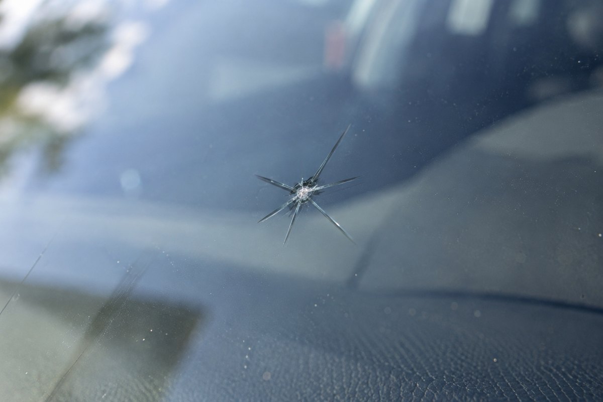 Small star break in a windshield, a bright impact point with six short cracks