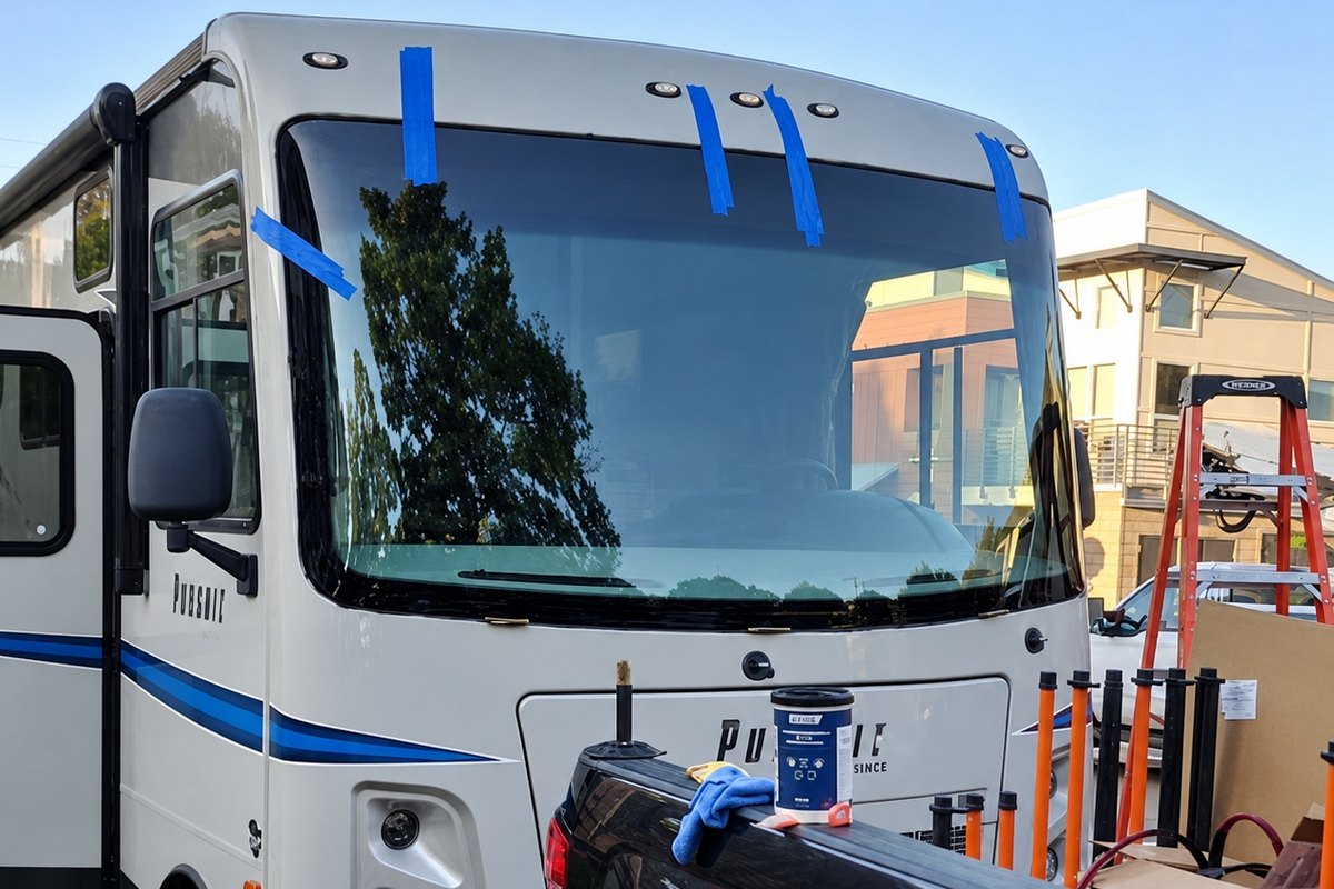 Class A motorhome with a newly fitted one-piece windshield held by blue tape