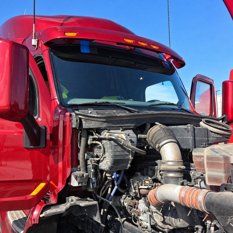 Red semi truck with its hood tilted forward under a newly fitted one-piece windshield