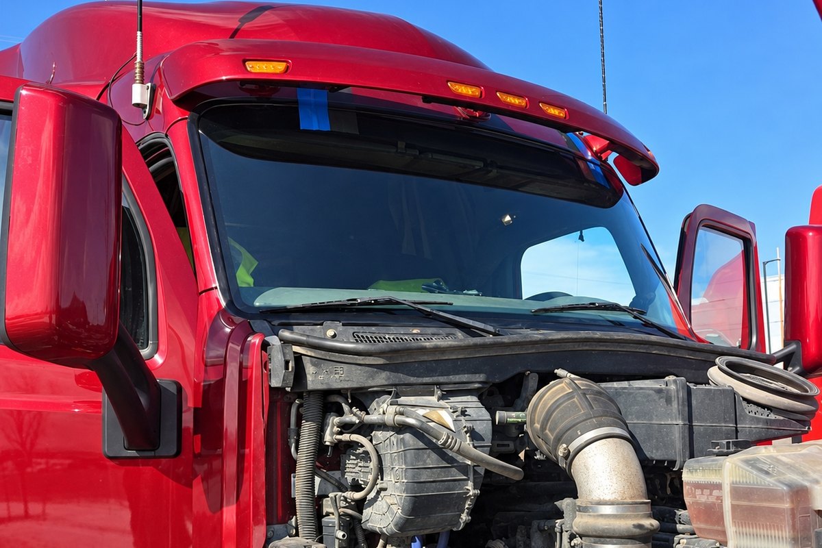 Red semi truck with its hood tilted forward under a newly fitted one-piece windshield