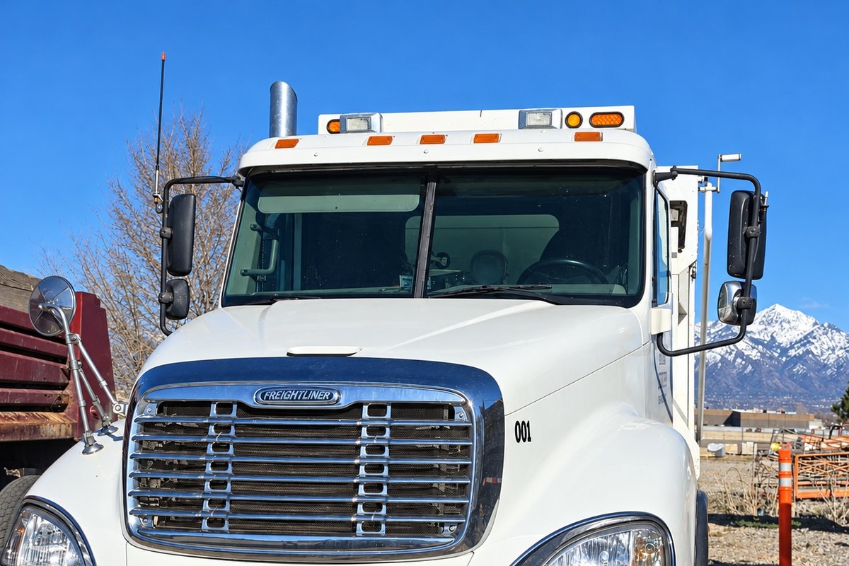 White Freightliner work truck with its two-piece windshield in place on a gravel lot