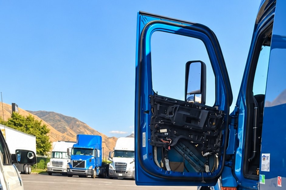Blue semi truck door standing open with its inner trim panel removed, showing the door frame and window channel