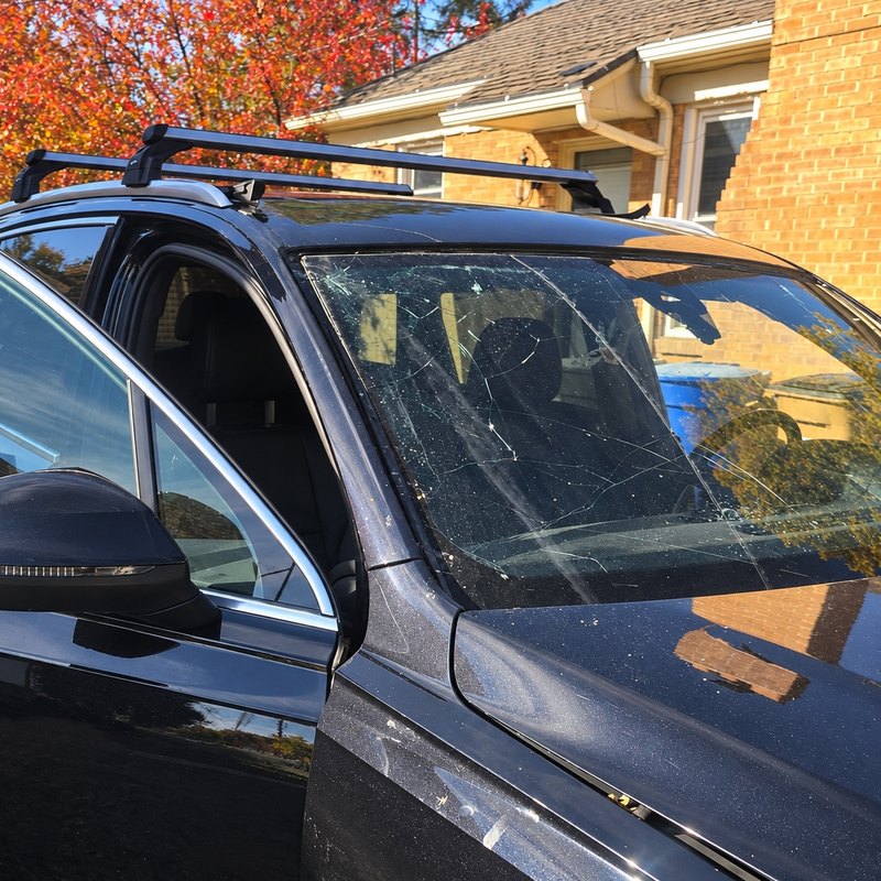 Black SUV with its windshield shattered into long cracks and covered in debris