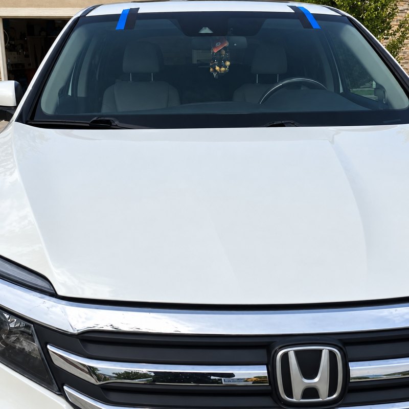 White Honda SUV head-on in a driveway with a newly fitted windshield taped at the top